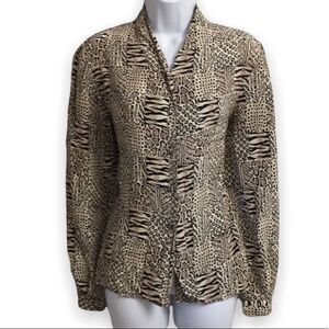 Vintage 90s Jacqueline Ferrar Silk Button Down Checkered Animal Print Size 10